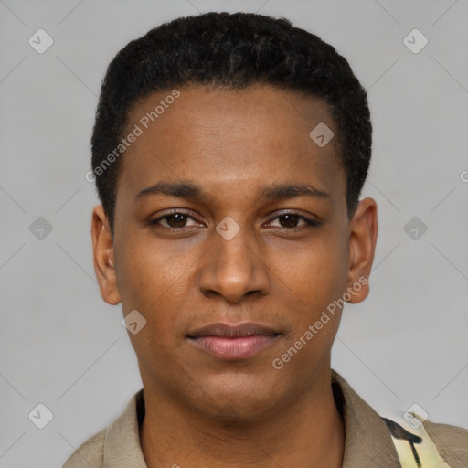 Neutral latino young-adult male with short  black hair and brown eyes