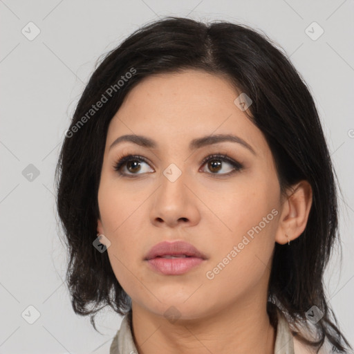 Neutral asian young-adult female with medium  black hair and brown eyes