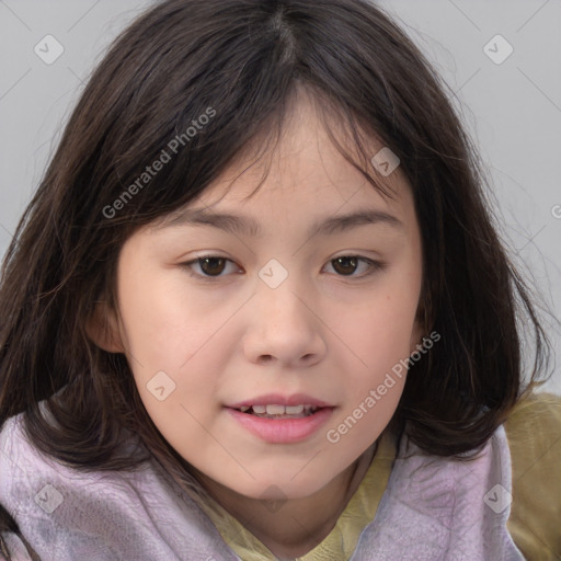 Joyful white child female with medium  brown hair and brown eyes