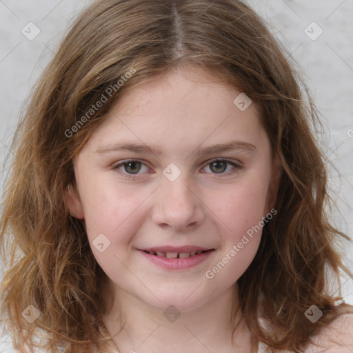 Joyful white child female with medium  brown hair and brown eyes