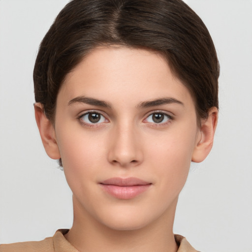 Neutral white young-adult female with short  brown hair and brown eyes