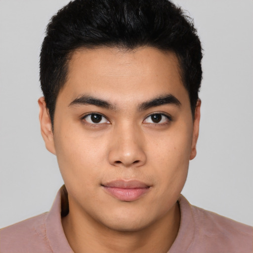 Neutral asian young-adult male with short  black hair and brown eyes