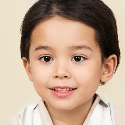 Joyful white child female with medium  brown hair and brown eyes