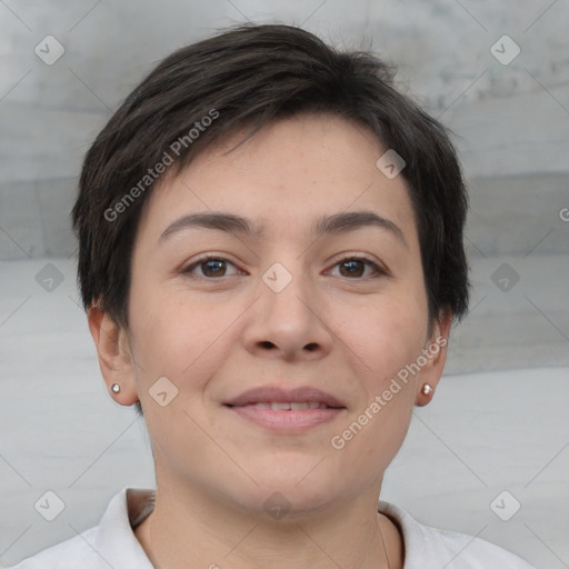 Joyful white young-adult female with short  brown hair and brown eyes