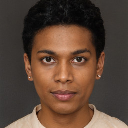 Neutral black young-adult male with short  black hair and brown eyes