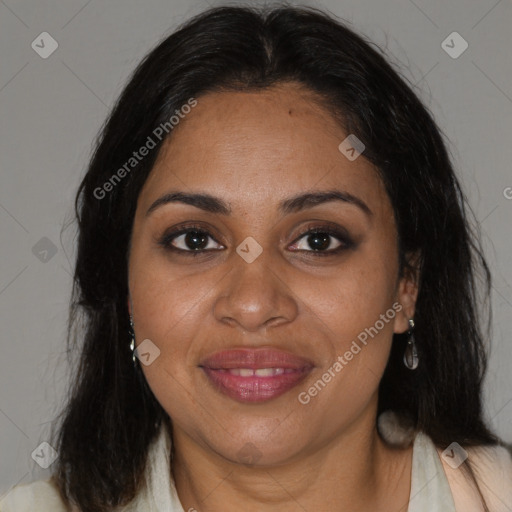 Joyful black adult female with medium  brown hair and brown eyes