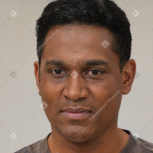 Joyful black adult male with short  black hair and brown eyes