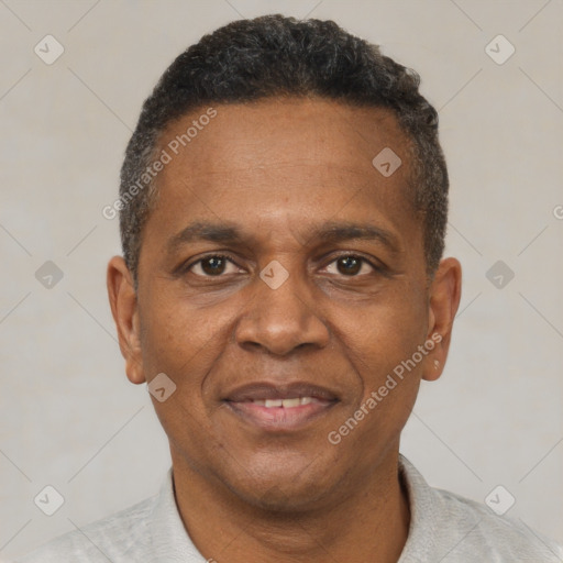 Joyful black adult male with short  black hair and brown eyes