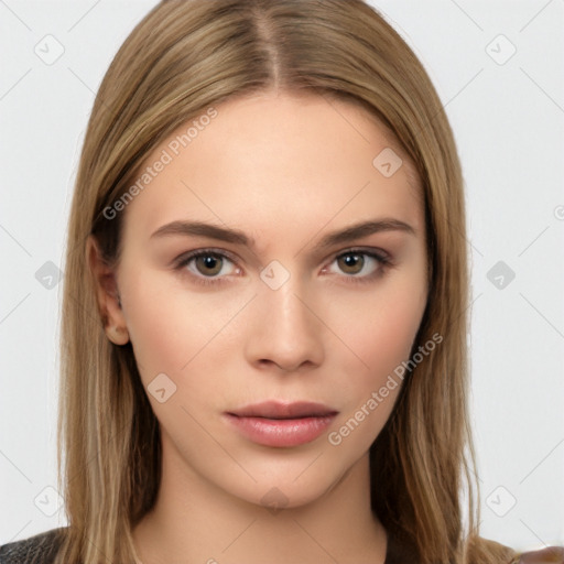 Neutral white young-adult female with long  brown hair and brown eyes