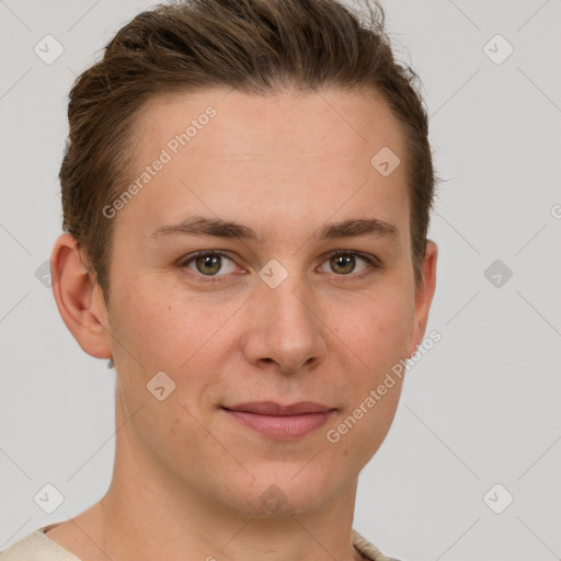 Joyful white young-adult female with short  brown hair and grey eyes