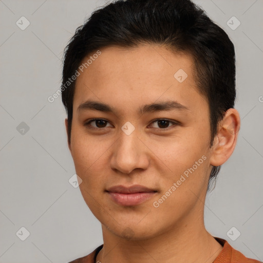 Joyful latino young-adult female with short  brown hair and brown eyes