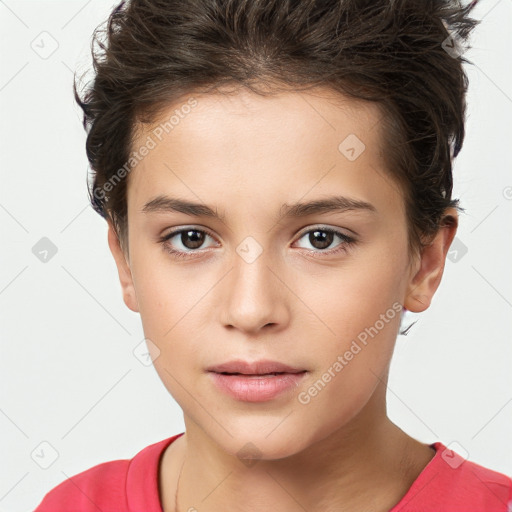 Joyful white child female with short  brown hair and brown eyes