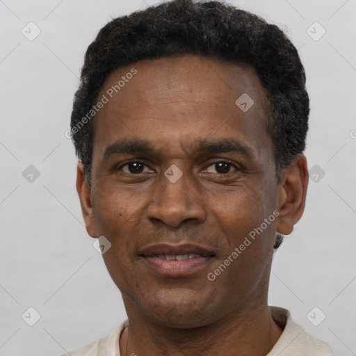 Neutral black adult male with short  black hair and brown eyes