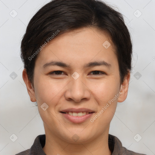 Joyful white young-adult female with short  brown hair and brown eyes