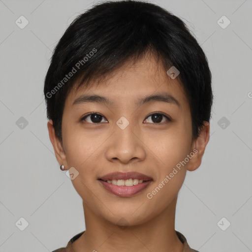 Joyful asian young-adult female with short  brown hair and brown eyes