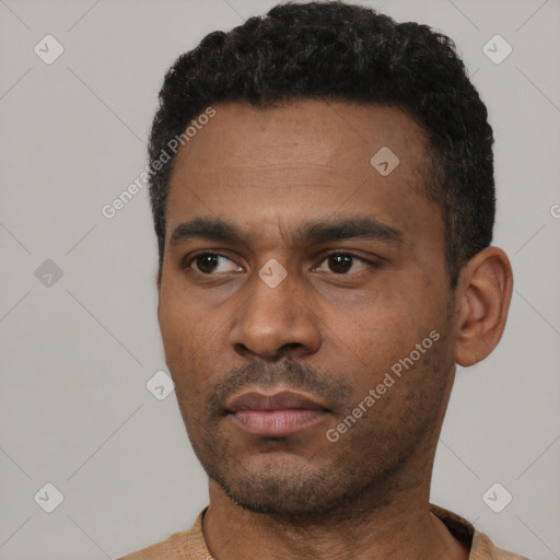 Neutral latino young-adult male with short  black hair and brown eyes