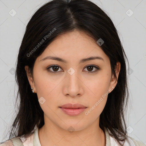 Neutral asian young-adult female with medium  brown hair and brown eyes