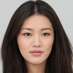 Neutral asian young-adult female with long  brown hair and brown eyes