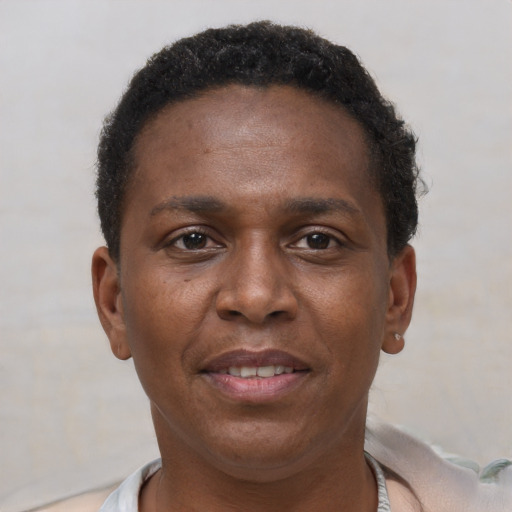 Joyful black young-adult male with short  brown hair and brown eyes