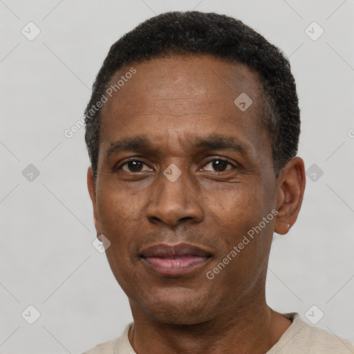 Neutral latino adult male with short  black hair and brown eyes