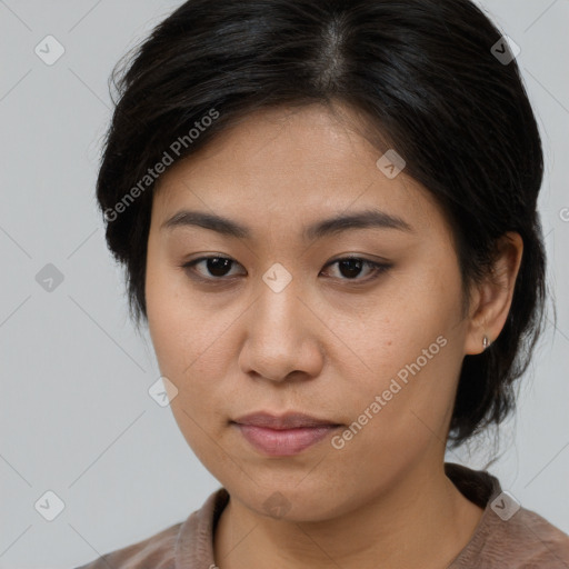 Neutral asian young-adult female with medium  brown hair and brown eyes