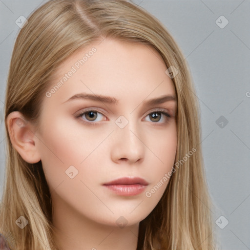 Neutral white young-adult female with long  brown hair and brown eyes