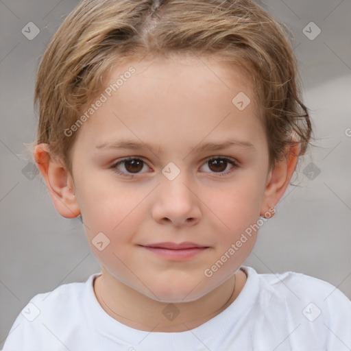 Joyful white child female with short  brown hair and brown eyes