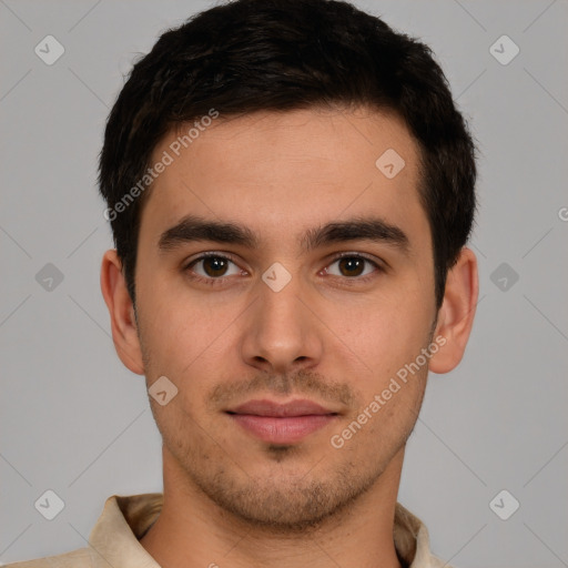 Neutral white young-adult male with short  brown hair and brown eyes