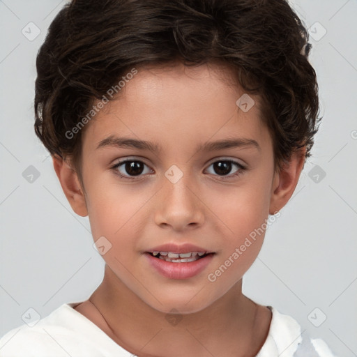 Joyful white child female with short  brown hair and brown eyes