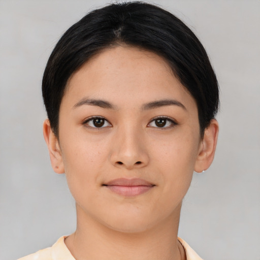 Neutral asian young-adult female with short  brown hair and brown eyes