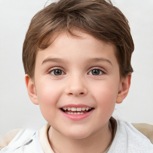 Joyful white child female with short  brown hair and brown eyes