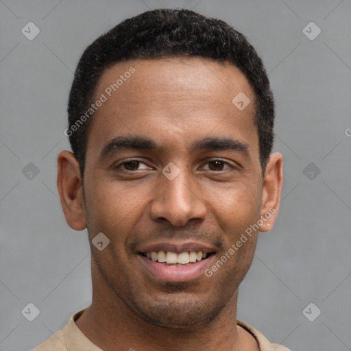 Joyful latino young-adult male with short  brown hair and brown eyes