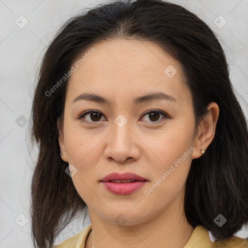 Joyful white young-adult female with medium  brown hair and brown eyes