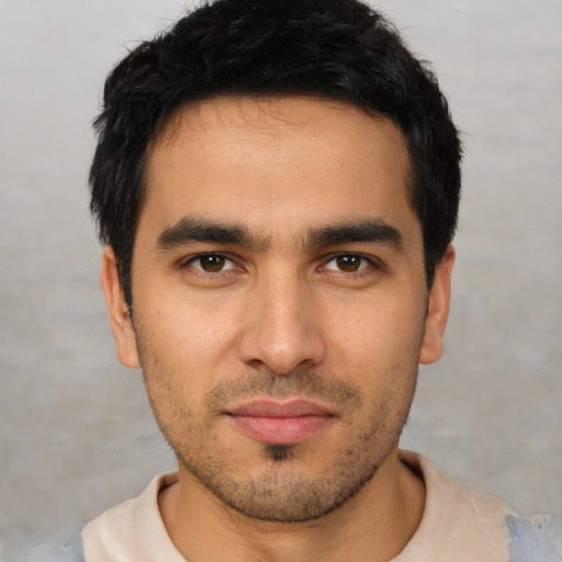 Neutral asian young-adult male with short  black hair and brown eyes