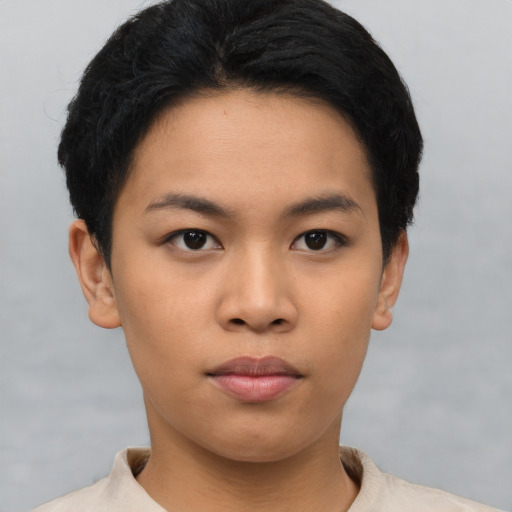 Neutral asian young-adult female with short  black hair and brown eyes