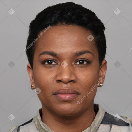 Neutral black young-adult female with short  black hair and brown eyes