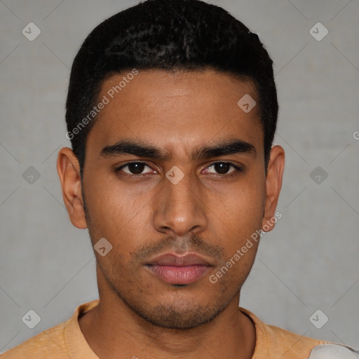 Neutral latino young-adult male with short  black hair and brown eyes