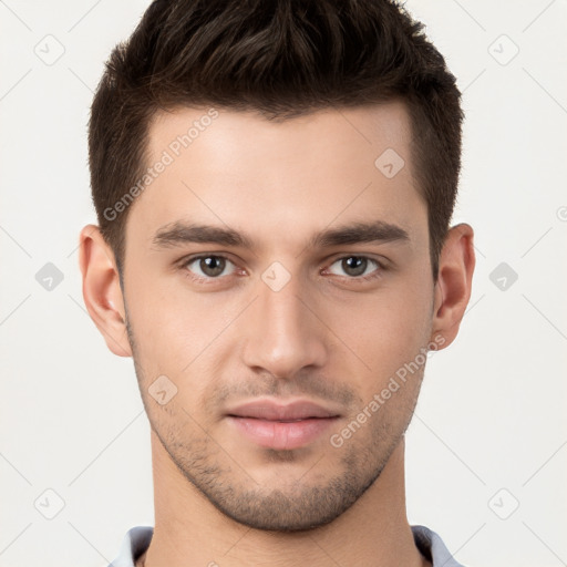 Neutral white young-adult male with short  brown hair and brown eyes