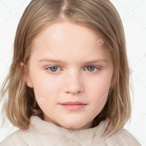 Neutral white child female with medium  brown hair and grey eyes