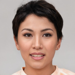 Joyful asian young-adult female with short  brown hair and brown eyes