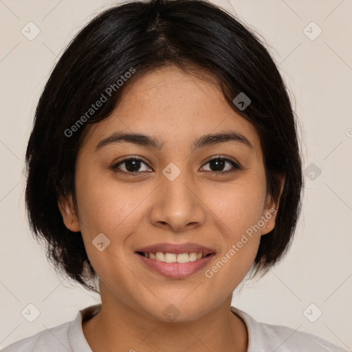 Joyful latino young-adult female with medium  brown hair and brown eyes