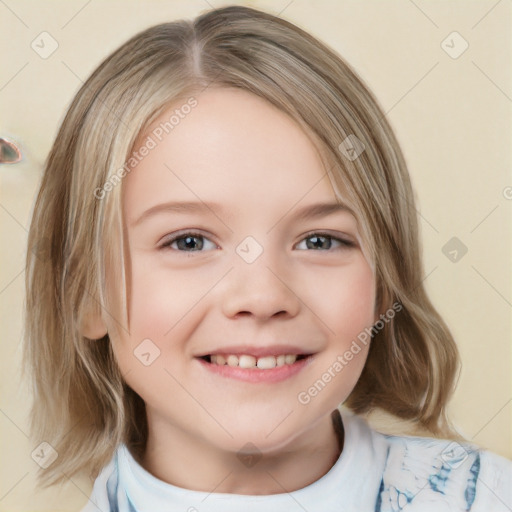 Joyful white child female with medium  brown hair and blue eyes