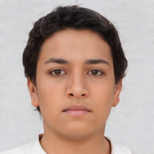 Neutral latino young-adult female with short  brown hair and brown eyes