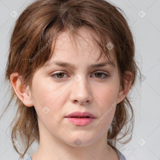 Neutral white young-adult female with medium  brown hair and grey eyes