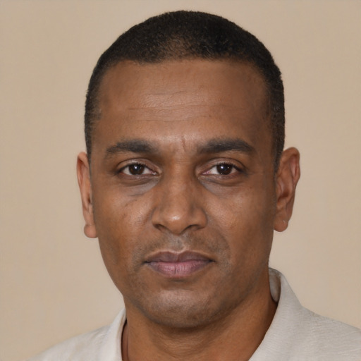 Neutral black adult male with short  black hair and brown eyes