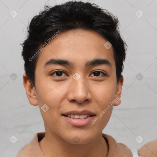 Joyful asian young-adult male with short  brown hair and brown eyes