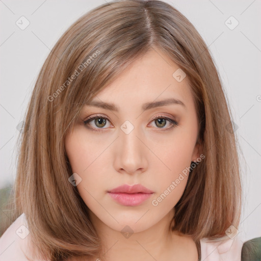 Neutral white young-adult female with medium  brown hair and brown eyes