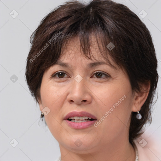 Joyful white adult female with medium  brown hair and brown eyes