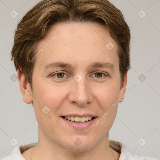 Joyful white adult female with short  brown hair and grey eyes