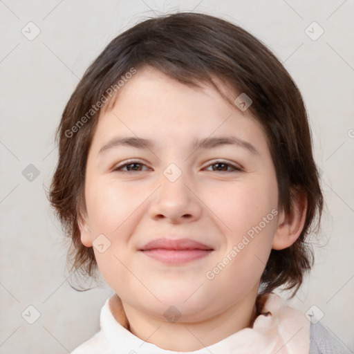 Joyful white child female with medium  brown hair and brown eyes